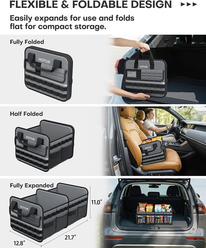 HOTOR Tactical Car Trunk Organizer - Foldable Trunk Organizer for SUV with Front MOLLE Pocket & Reflective Strips, Essential Car Accessories for Tools & Outdoor Storage, 12.8" x 21.7" x 11.0", Grey