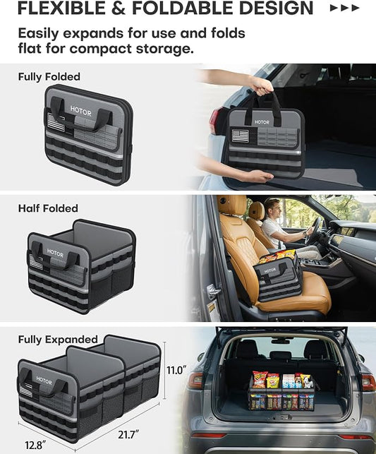 HOTOR Tactical Car Trunk Organizer - Foldable Trunk Organizer for SUV with Front MOLLE Pocket & Reflective Strips, Essential Car Accessories for Tools & Outdoor Storage, 12.8" x 21.7" x 11.0", Grey