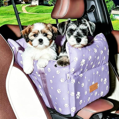 Center Console Dog Car Seat for Medium Dogs - Portable Dogs Armrest Booster Seat, Anti-Collapse Pet Car Seat with Soft Cushion Safety Belt, Support Pet Up to 21lbs (Purple)