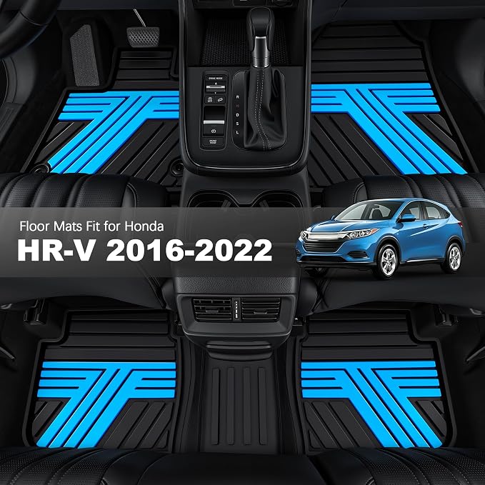 Floor Mats Fit for Honda HRV 2016 2017 2018 2019 2020 2021 2022, All Weather Custom Fit HR-V Rubber Floor Liner Accessories, 1st & 2nd Row, Black & Blue