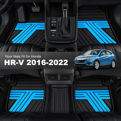 Floor Mats Fit for Honda HRV 2016 2017 2018 2019 2020 2021 2022, All Weather Custom Fit HR-V Rubber Floor Liner Accessories, 1st & 2nd Row, Black & Blue
