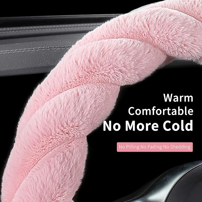 HighnessHwoo Luxury Fluffy Winter Car Steering Wheel Cover for Women Soft Warm Plush Cute Auto Accessories for Vehicle, Sedan, Universal, Fuzzy, Anti Slip, Pink, Standard Size, 14.75-15.15"