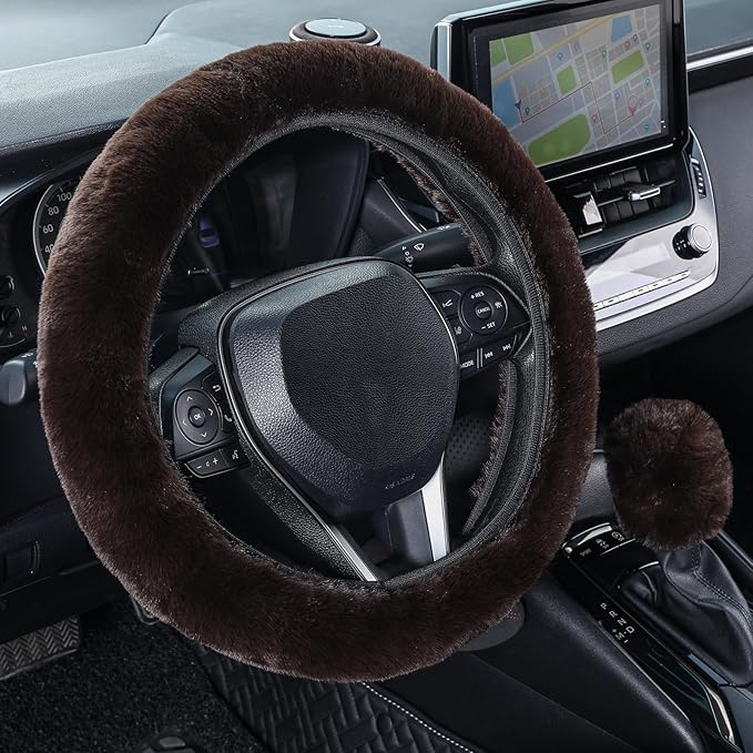 SEG Direct Furry Car Steering Wheel Cover with Gear Shift Cover, Soft and Warm, Cute Fluffy Auto Decor for Women Men, Standard Size, 2 PCS Set, Coffee Brown