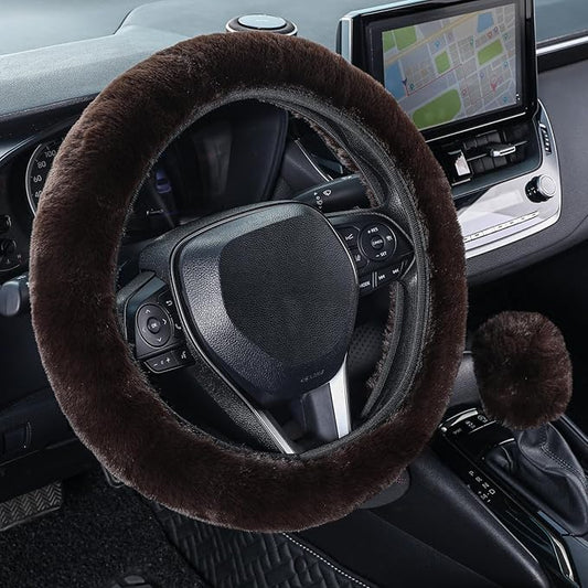 SEG Direct Furry Car Steering Wheel Cover with Gear Shift Cover, Soft and Warm, Cute Fluffy Auto Decor for Women Men, Standard Size, 2 PCS Set, Coffee Brown