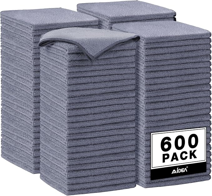AIDEA Microfiber Cleaning Cloth Grey, 600PK, Microfiber Towels for Cars, Shop Towels Cleaning Rags, Premium Wash Cloths, Absorbent Towel for SUVs, House, Kitchen, Commercial, Cleaning Supplies 12×12"
