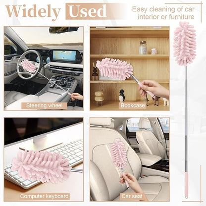 2 PCS Car Interior Duster with Extension Pole, Microfiber Car Duster with Bendable Head, Car Accessories Dusters Exterior&Interior Scratch Free, for Cleaning of Vehicle Details, Offices, Windows(Pink)