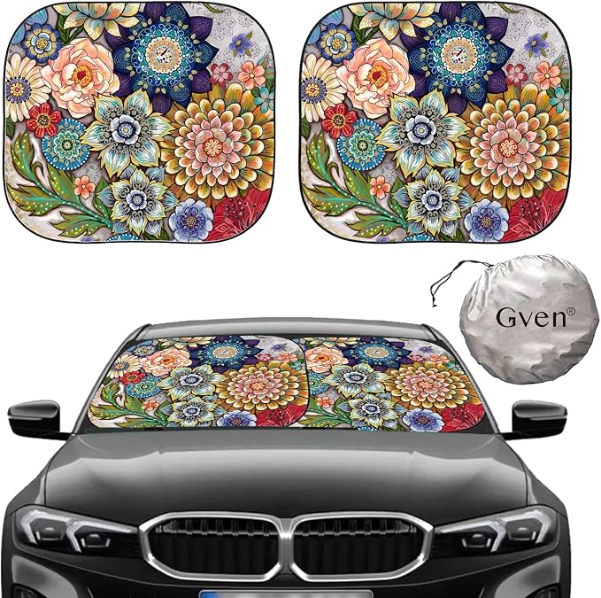 Gven Windshield Sun Shade for Car 2-Piece Foldable Sunshade for Front Windows, Blocks UV Rays, Automotive Interior Sun Protection Car Summer Accessories（Floral,M）