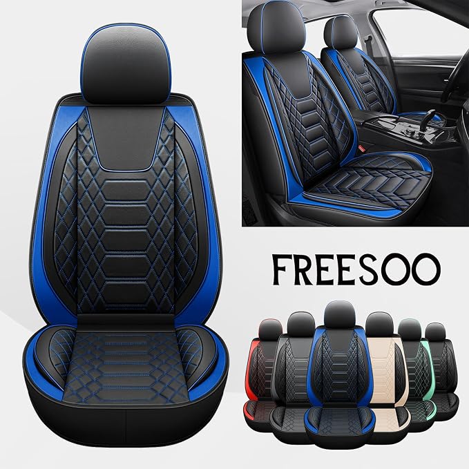 FREESOO Car Seat Covers Leather Seat Cover Full Set Automotive Seat Cover Protector Accessories Airbag Compatible Universal Fit for 5 Seats (Black Blue 8)