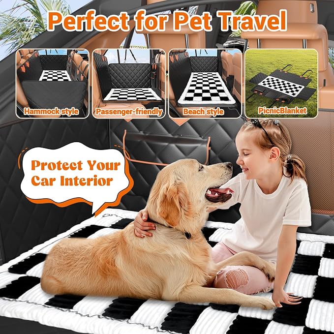 IJVAE Hard Bottom Car Seat Cover for Dog swith Removable Soft Blankets,Scratch-Proof and Anti-Slip Car Dog Hammock for Large Dogs White for Car, SUV