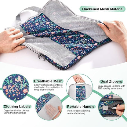 OlarHike 8 Set Compression Packing Cubes for Travel Essentials,Compressible Expandable Space Saver Bags for Organizing Clothes,Luggage Garment Bags with Over 1000 pcs Mesh Holes(Dark Blue Floral)
