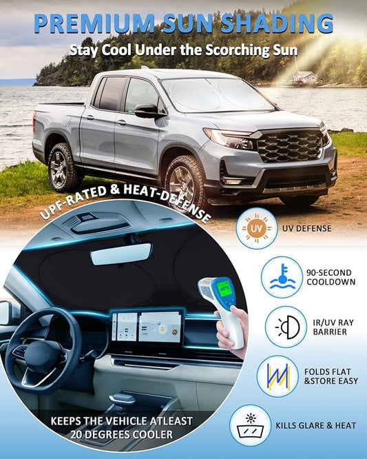 Sun Shade for Ridgeline Windshield Sunshade Custom Fit Honda Ridgeline 2017-2024 2025 Front Window Cover Retractable Sun Visor Protector Keep Interior Cool UV Blocker