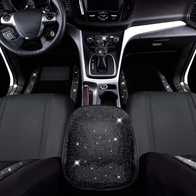 CAR PASS Bling Diamonds Car Seat Covers Front Seats Black Leather Shining Rhinestone Car Floor Mats Carpet with Anti-Slip Nibs Sparkly Glitter Crystal Car Accessories Set Universal for Girl Women