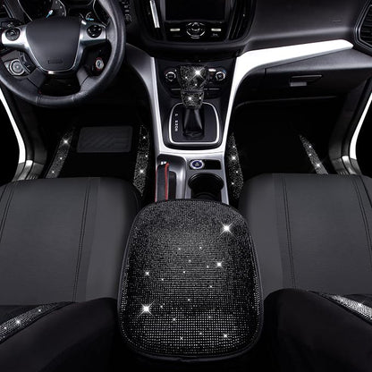 CAR PASS Bling Diamonds Car Seat Covers Front Seats Black Leather Shining Rhinestone Car Floor Mats Carpet with Anti-Slip Nibs Sparkly Glitter Crystal Car Accessories Set Universal for Girl Women
