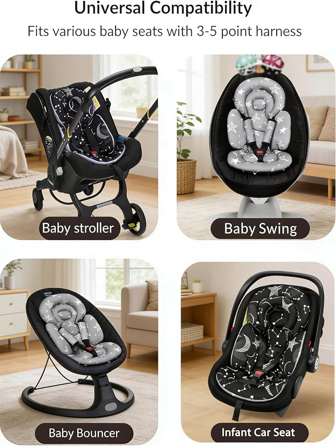 Tinlyfinly Infant Car Seat Insert with Removable Cushion for Preemie to Toddler, Reversible Newborn Carseat Insert for Baby Head Body Support, Fits for Stroller, Baby Swing, Bouncer (Black Star)