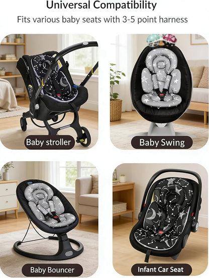 Tinlyfinly Infant Car Seat Insert with Removable Cushion for Preemie to Toddler, Reversible Newborn Carseat Insert for Baby Head Body Support, Fits for Stroller, Baby Swing, Bouncer (Black Star)