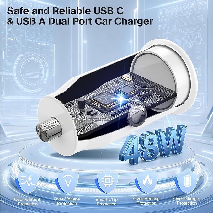 48W USB C Car Charger for iPhone 17 16 15 Pro Max, 48W Dual Port USB-C & USB-A Car Fast Charging Adapter, 2X3FT C to C Cable & A to C Carplay Cable for iPhone 17 16 15 Series/iPhone Air, iPad, Samsung