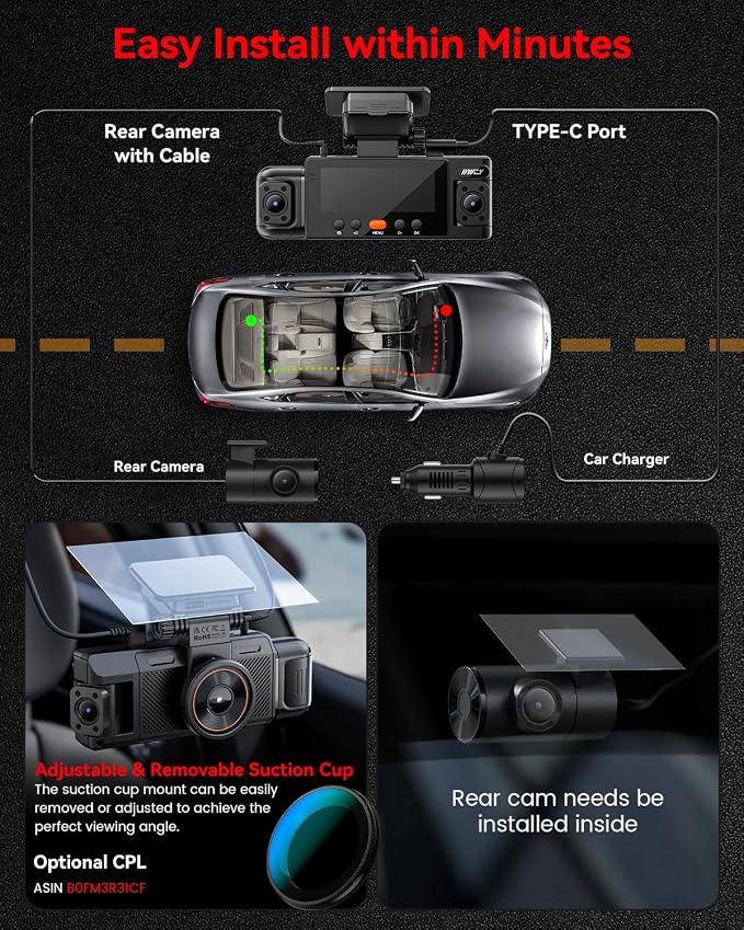 IIWEY N6 360° Dash Cam 4 Channel, 5.8G WiFi-6 (up to 20MB/s) with App, Free 128GB Card, FHD Front & Rear Inside Dash Cam for Car, 8 IR Lights Night Vision, GPS, 24/7 Parking Mode, G-Sensor