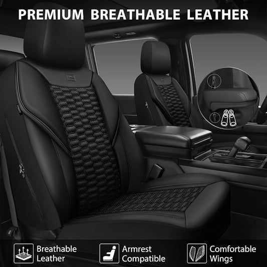 CAR PASS 3D Foam PU Leather Car Seat Covers Full Set,Luxury Breathable Faux Leather Seat Covers for Car,Anti Slip Universal Fit for SUVs Vans Sedan Truck Automotive,Armrest Airbag Compatible All Black