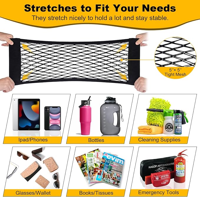 PIFOOG 4Pcs Universal Car Storage Net Pockets Stretchable Automotive Mesh Pouch Nets Bag Organizer Stickers Netting for Auto SUV Trunk Back Seat RV Camper