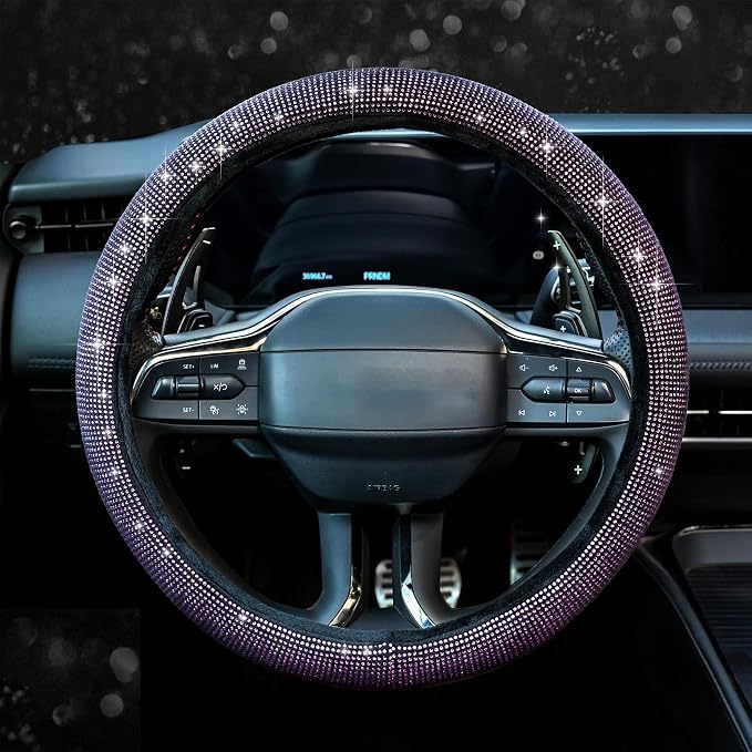 Valleycomfy Steering Wheel Cover for Women Bling Bling Crystal Diamond Sparkling Car SUV Wheel Protector Universal Fit 15 Inch Black with Pink Diamond
