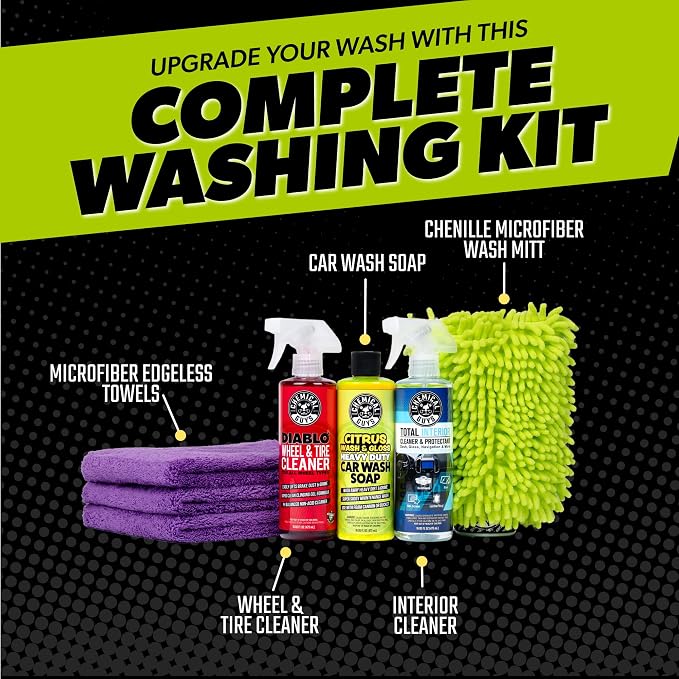 Chemical Guys Car Cleaning Kit - with Car Wash Soap, Wheel Cleaner, Total Interior, Car Wash Mitt - Interior and Exterior Wash Kit with Vehicle Cleaning and Detailing Accessories - 7 Item Kit