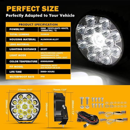 Auxbeam 8.5in Round LED Offroad Lights with White DRL & Amber Turn Signal 220W 25200LM LED Driving Light Spot Beam Spotlights Light Pods for Truck ATV Jeep, 2 Years Warranty