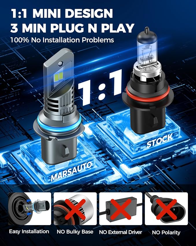 Marsauto 9007 Bulb, 48000LM Brightness Output 6000K Cool White,9007 HB5 Fog Bulbs IP68 Waterproof 60000Hrs Lifespan, 3Mins Installation, 2 Pack