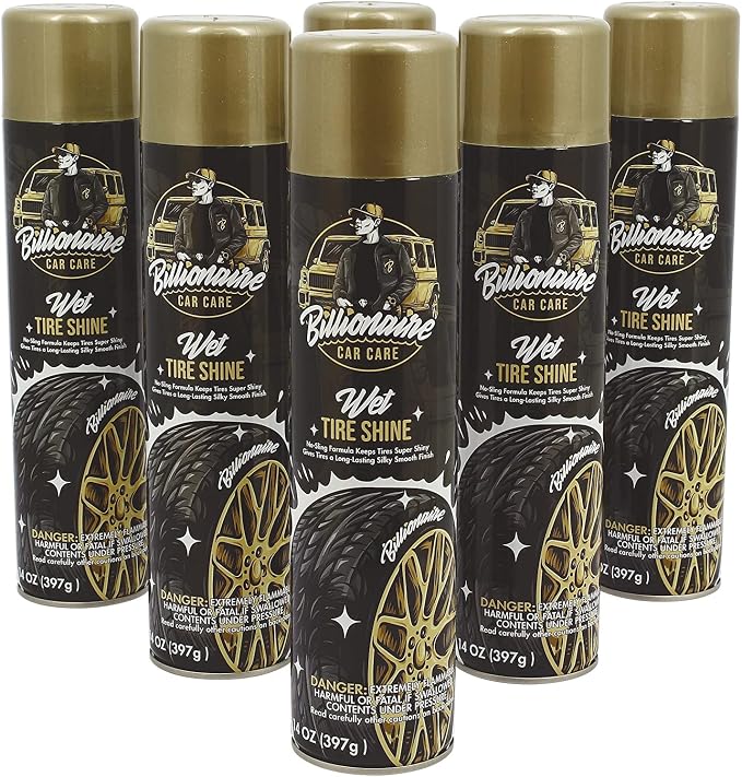 Billionaire Tire Shine - Wet Tire Shine 6 Pack Can 14 oz No Sling Formula Long-Lasting Silky Smooth Finish - Spraying Maximum Protection Fast Dry - Car Detailing 6PACK