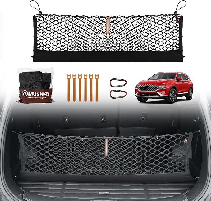 Muslogy Envelope Style Trunk Cargo Net Compatible with 2023 2022 2021 2020 2019 Hyundai Santa Fe Accessories Custom Fit Trunk Organizer Upgraded Storage Luggage Net with Metal Hooks