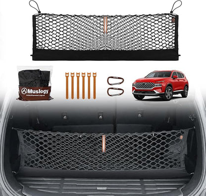 Muslogy Envelope Style Trunk Cargo Net Compatible with 2023 2022 2021 2020 2019 Hyundai Santa Fe Accessories Custom Fit Trunk Organizer Upgraded Storage Luggage Net with Metal Hooks