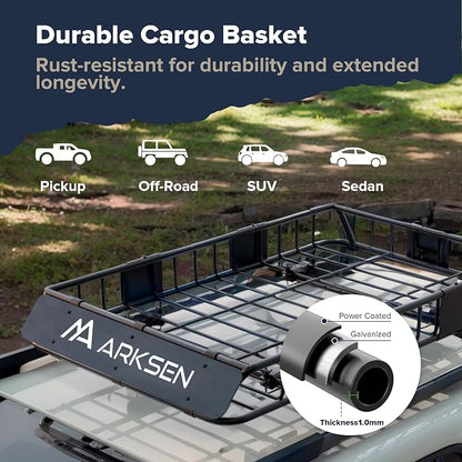 ARKSEN 54" x 34" x 6" Roof Rack Cargo Basket with Extension, 150 LBS Universal Heavy Duty Steel Rooftop Carrier with Waterproof Bag, Cargo Net & Tie Down Straps for SUV, Truck, RV, Pickup
