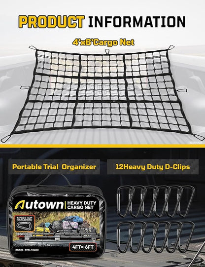 AUTOWN Cargo Net for Pickup Truck Bed - Stretchable 4' x 6' to 8' x 12' with 4" x 4" Mesh, Heavy Duty 10mm Cord Bungee Bed Netting with 12 Metal Carabiners - Ideal for ATV, SUV, UTV and Truck