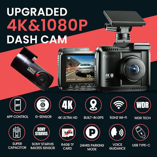 NEXIO N5Pro 4K Dual Dash Cam Front and Rear, WiFi 6 Fast Transfer, Free 64GB Card, GPS, ADAS Safety Alerts, Night Vision, 24H Parking Surveillance, Supercapacitor, App Control, Dash Camera for Cars