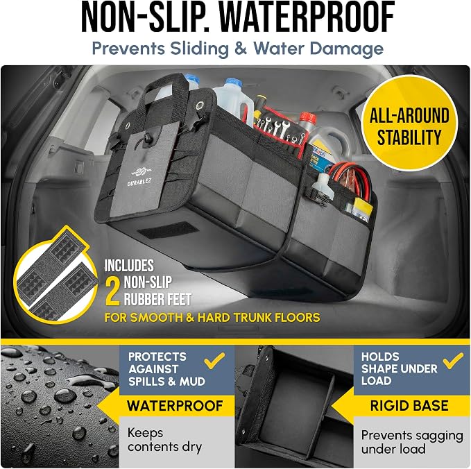 Modular 4-Section XL Trunk Organizer – Car Storage for Groceries, Tools, Sports Gear, Emergency Kits – Extra Large Multi-Compartment Cargo Box, Collapsible & Heavy Duty – Gray