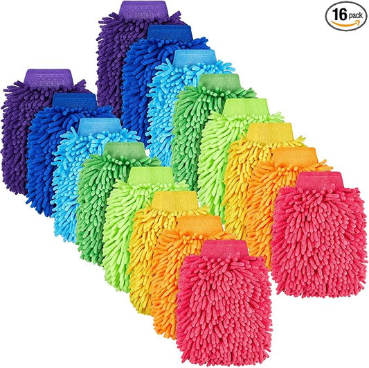Toulite 16 Pcs Car Wash Mitt Chenille Microfiber Wash Mitt Double Sided Glove Cleaning Drying Mitts (5.91 x 9.06 Inch,Bright Colors)