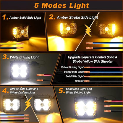 MOVOTOR Side Shooter LED Pods Amber Strobe Driving Lights for Truck,4X4,ATV | IP68 Waterproof,Solid & Strobe Amber,6500K White / 3500K Amber Combo Beam,Alum Housing,Adjustable Bracket,Fit Jeep UTV,2 PCS