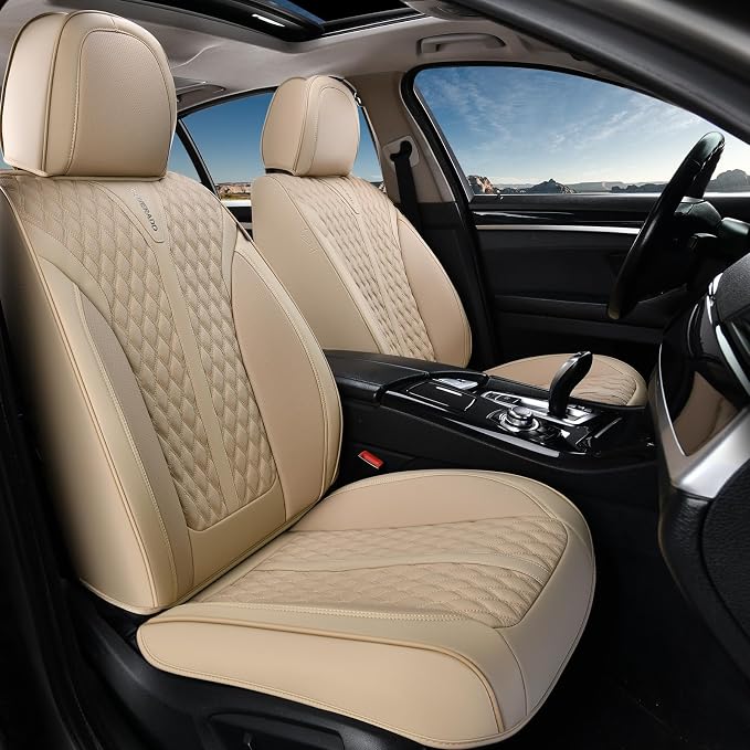 Coverado Seat Covers Front Seats, Waterproof Car Seat Covers, Luxury Leather Seat Covers for Cars, Automotive Seat Covers Leather Seat Cushion Protector Universal Fit Most Cars SUVs Trucks, Beige