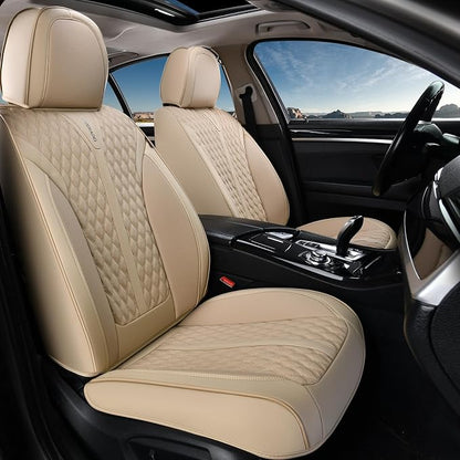 Coverado Seat Covers Front Seats, Waterproof Car Seat Covers, Luxury Leather Seat Covers for Cars, Automotive Seat Covers Leather Seat Cushion Protector Universal Fit Most Cars SUVs Trucks, Beige
