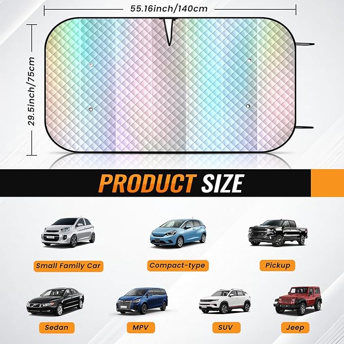Windshield Sun Shade Car Sun Shade, Folding Car Shades for Front Windows, Blocks UV Rays Sun Visor Protector for Truck SUV Van, Keeps Vehicle Cool - Silver (55" x 29.5")
