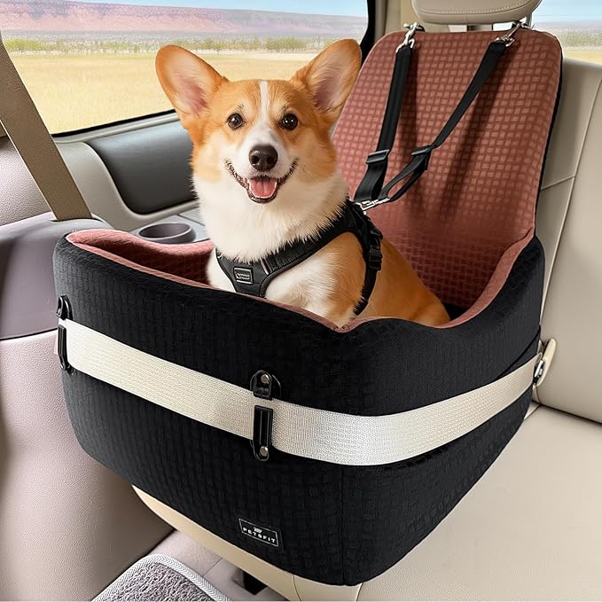 PETSFIT Dog Car Seat for Small/Medium Dogs Up to 35 lbs – Patented Safety System, 5" Memory Foam Pet Booster Car Seat, Fully Detachable and Washable Dog Carseat with 2 Storage Pockets (Black/Brown)
