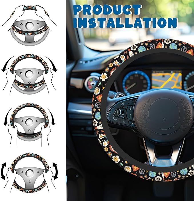 Car Steering Wheel Cover, 14.5"-15" Inch Universal Anti-Slip DurableSteering Wheel Protective Cover, Breathable Auto Interior Decoration Accessories for Sedan SUV Truck (Groovy Hippie)