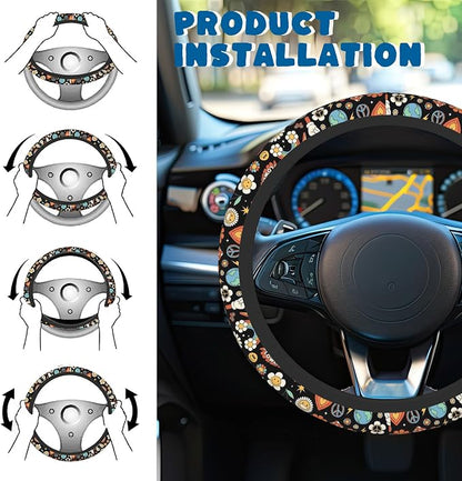 Car Steering Wheel Cover, 14.5"-15" Inch Universal Anti-Slip DurableSteering Wheel Protective Cover, Breathable Auto Interior Decoration Accessories for Sedan SUV Truck (Groovy Hippie)
