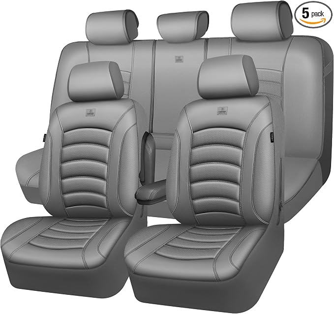 CAR PASS 3D Foam PU Leather Car Seat Covers, Universal Seat Covers Full Sets for Trucks SUV Sedan Automotive Seat Covers Armrest Airbag Compatible Waterproof Comfortable Faux Nappa Leather All Gray