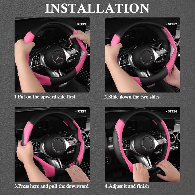 CAR PASS Faux Leather Steering Wheel Cover and Waterproof Car Floor Mats,Universal Car Combo Fit for 95% Sedan,SUV,Cars,14.5-15inch Sporty Anti-Slip Safety Comfortable Design(Black＆Pink)