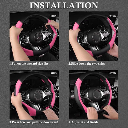 CAR PASS Faux Leather Steering Wheel Cover and Waterproof Car Floor Mats,Universal Car Combo Fit for 95% Sedan,SUV,Cars,14.5-15inch Sporty Anti-Slip Safety Comfortable Design(Black＆Pink)