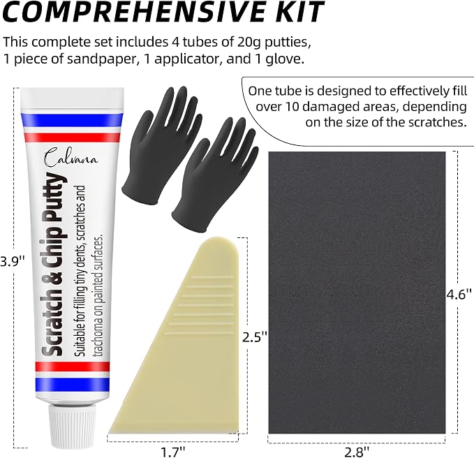 Calvana (4-Pack 20g Car Body Filler Repair Kit, Automotive Putty Scratch Filler, Quick-Drying Formula for Minor Touch-ups, Ideal for Car Paint Scratch Removal and Rust, Includes Repair Tools
