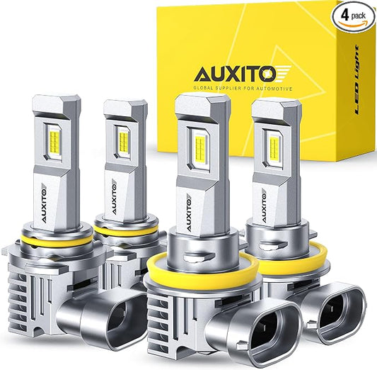 AUXITO H11 9005 Light Bulbs Combo, 60000LM 900% Super Brighter, 6500K Cool White, 1:1 Mini Halogen Size H9 H8 & 9005 HB3 Light, Plug and Play, Pack of 4