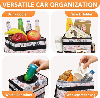 Vankor Cute Car Trash Can, Car Accessories for Women Interior Can Trash Bag Hanging Automotive Garbage Cans Pink Flamingo