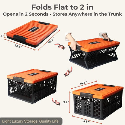 Mymazn Trunk Organizer Plastic for Car, Orange | Collapsible Crate Storage, With Lid, Waterproof Bag, Optional Insulated Cooler, For SUV, Groceries, Camping