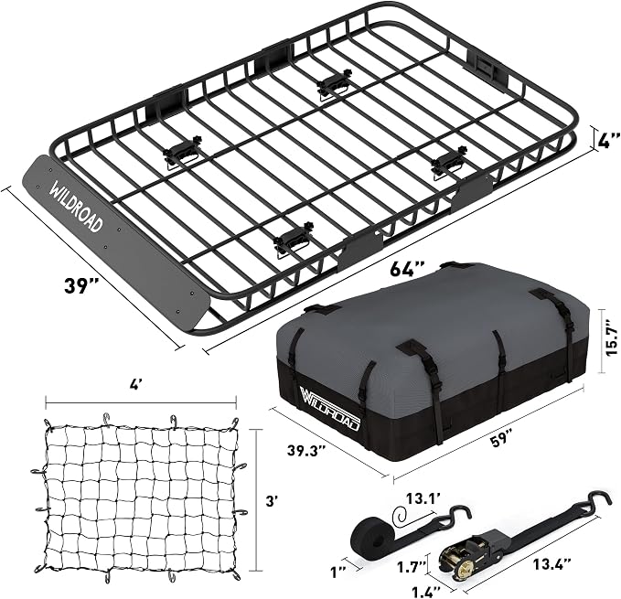 Wildroad Car Roof Cargo Basket Combo of Upgraded 64"x 39"x 4" Roof Rack Cargo Basket with 21 Cubic ft Waterproof Cargo Bag, Cargo Net, Ratchet Straps and Anti-Rust Sealant